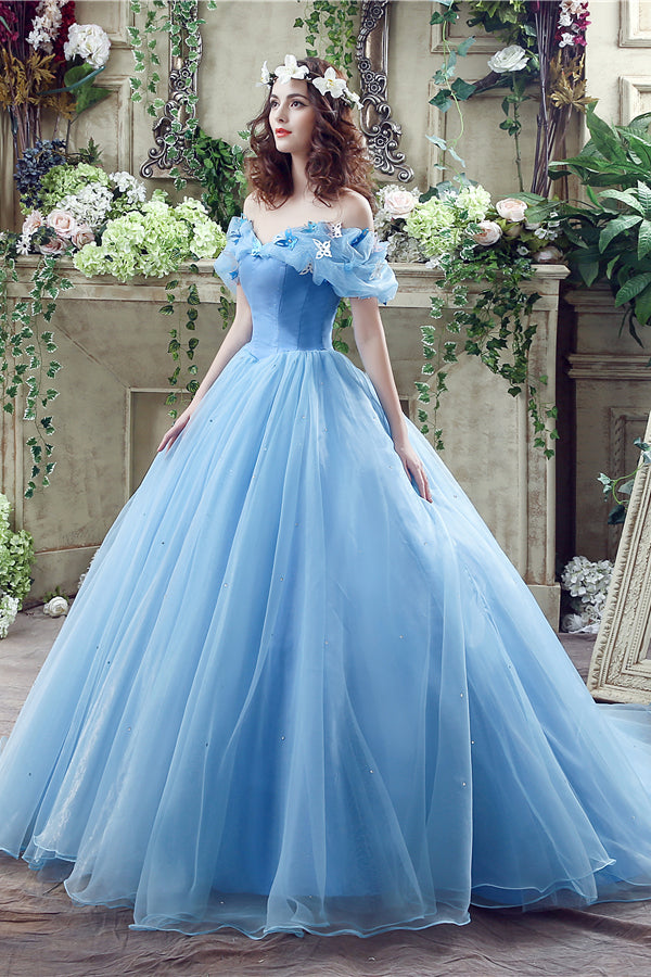 Princess Blue Ball Gown Off Shoulder Cinderella Dress – Dreamdressy