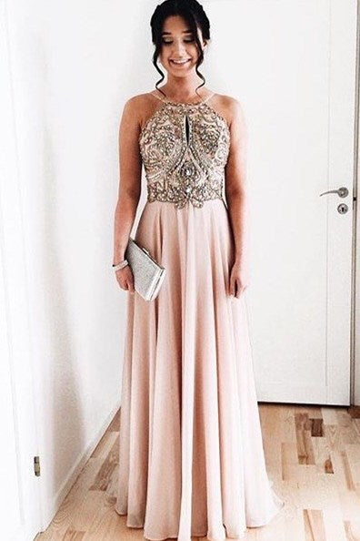 Elegant Beaded Pink Long Prom Dress