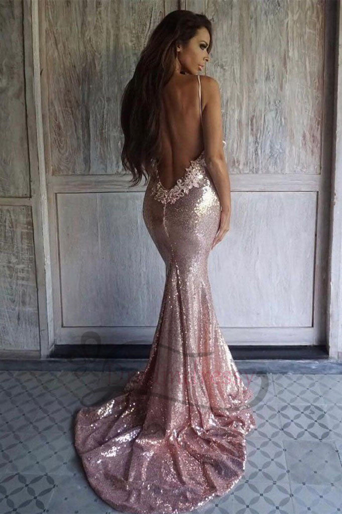 Sexy Rose Gold Sequins Mermaid Long Prom Dress