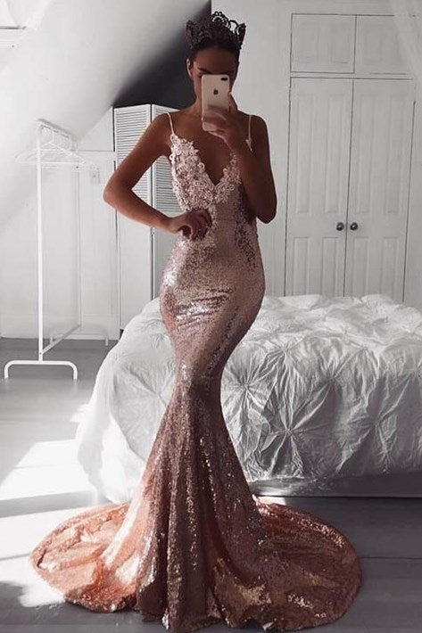 Sexy Rose Gold Sequins Mermaid Long Prom Dress Dreamdressy