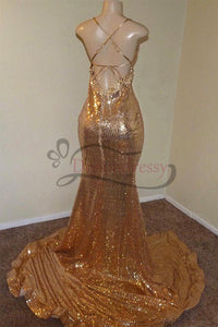Sexy Backless Gold Sequins Split Train Prom Dress