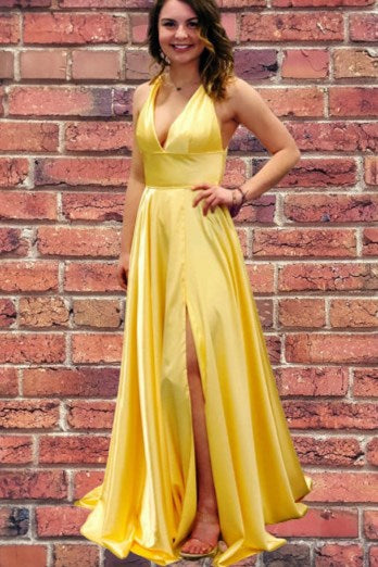 Halter Yellow Satin Long Prom Dress with Slit