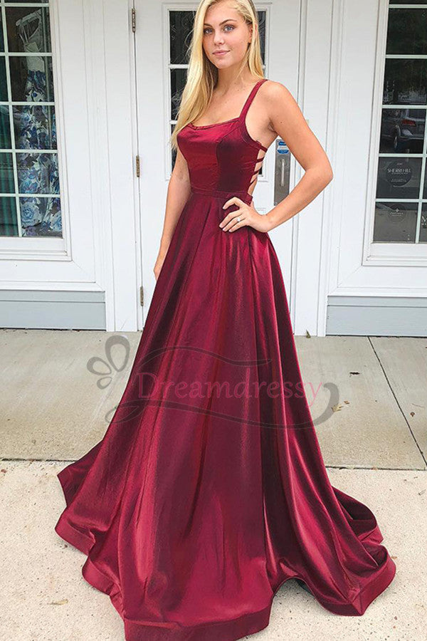 A-line Straps Wine Red Long Prom Dress