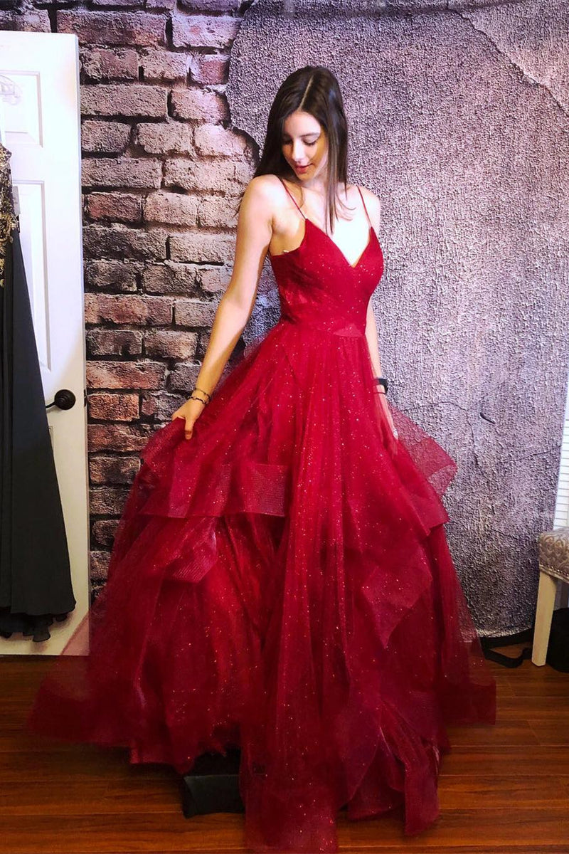Sparkly Straps Ruffles Red Long Prom Dress with Open Back