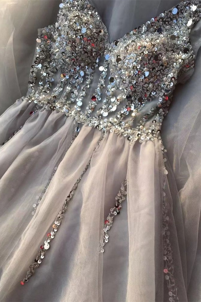 Stunning Silver A-line Tulle Long Formal Dress