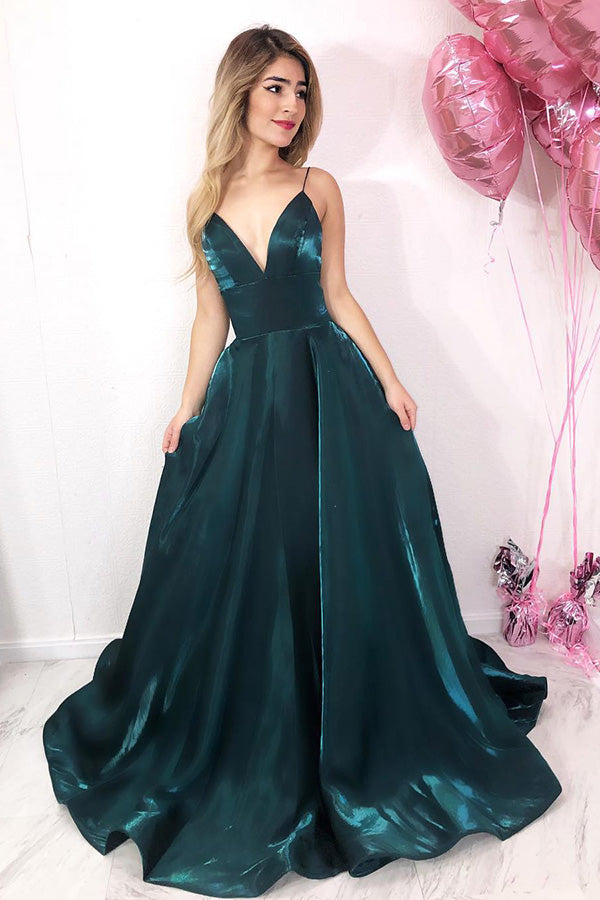 Turquoise Straps Long Prom Dress with Pockets