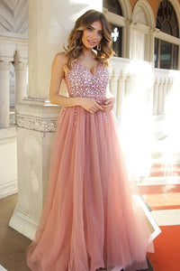 Blush Pink Beaded Long Prom Dress with Slit