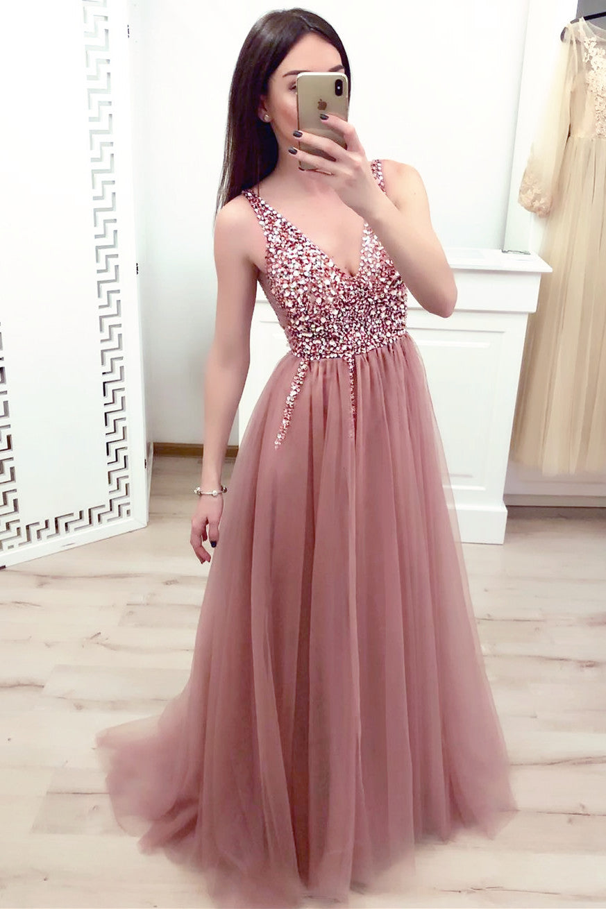 Blush Pink Beaded Long Prom Dress with Slit