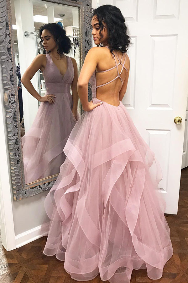 Pink Ruffled Long Prom Dress with Criss Cross Back