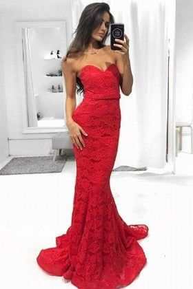 Red Lace Long Prom Evening Dress
