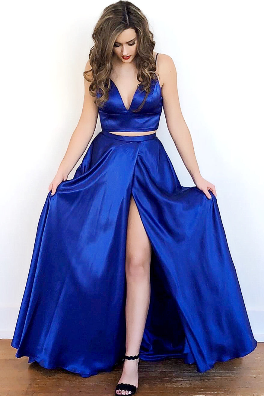 Two Piece Red Front-split Long Prom Evening Dress