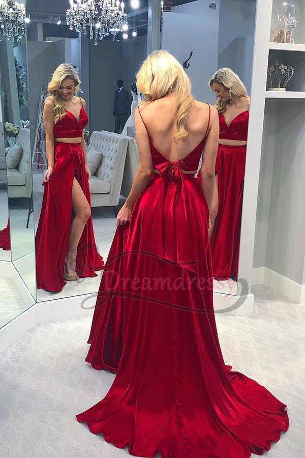 Two Piece Red Front-split Long Prom Evening Dress