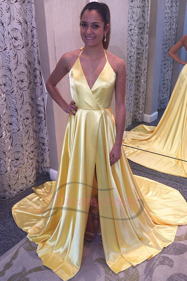 Yellow Halter Prom Dresses