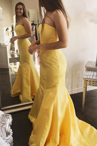 Mermaid Yellow Strapless Long Prom Evening Dress