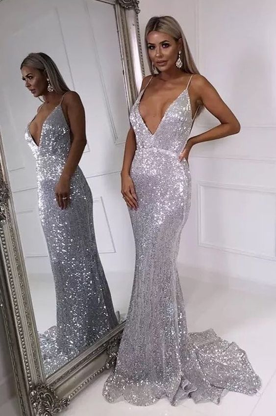 Mermaid V-Neck Sequins Silver Prom Dress