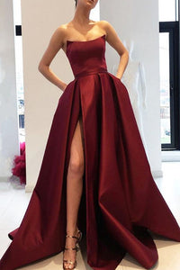 Strapless A-Line Burgundy Long Prom Dress with Slit