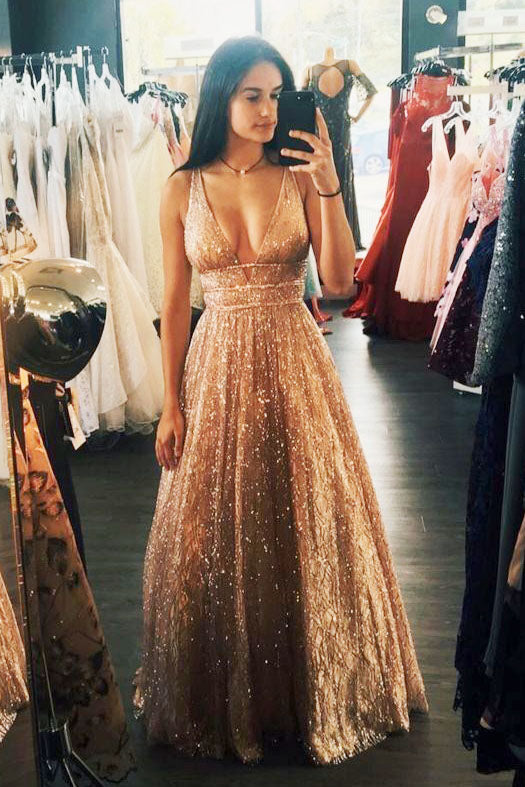 A-Line Floor Length Gold Long Prom Dress