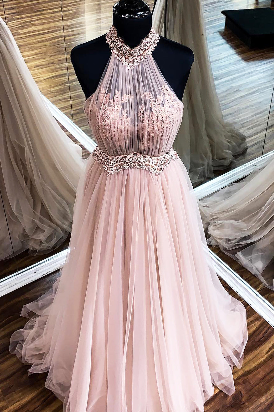 A-Line Halter Long Blush Pink Prom Dress with Beaded Sash