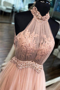 A-Line Halter Long Blush Pink Prom Dress with Beaded Sash