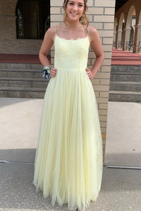 Straps A-Line Yellow Long Prom Dress with Slit