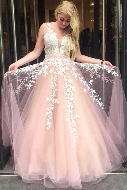 Princess A-line Pink Long Prom Dress with White Lace Appliques