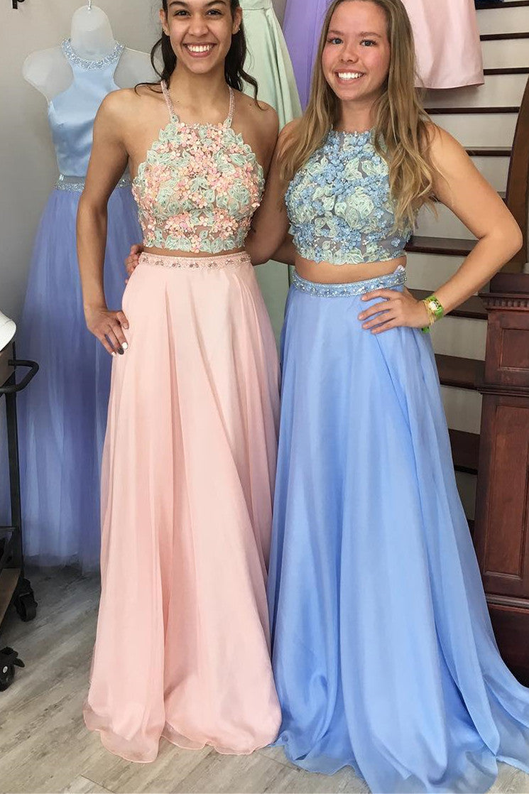 Two Piece Halter Floral Long Prom Dress with Crop Top