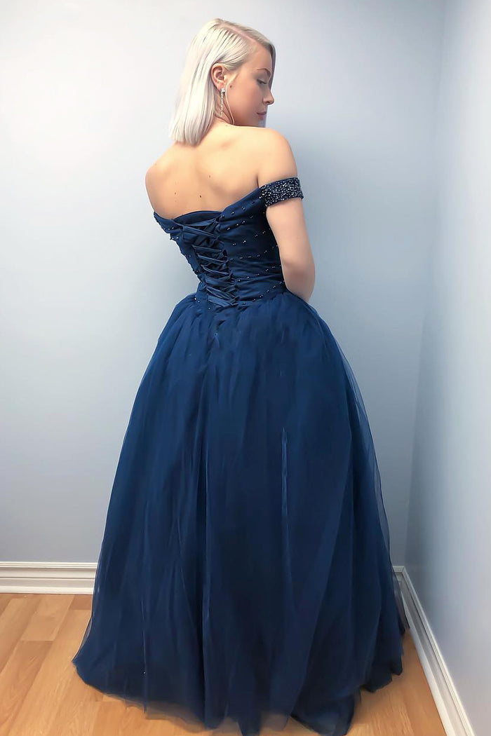 Off the Shoulder Beaded Lace-Up Navy Blue Prom Dress