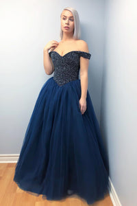 Off the Shoulder Beaded Lace-Up Navy Blue Prom Dress