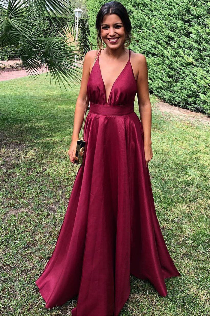 Gorgeous A-line V Neck Burgundy Long Prom Dress