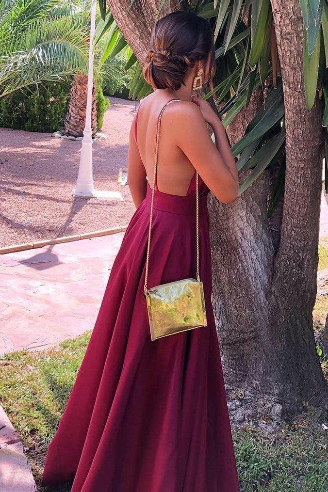 Gorgeous A-line V Neck Burgundy Long Prom Dress