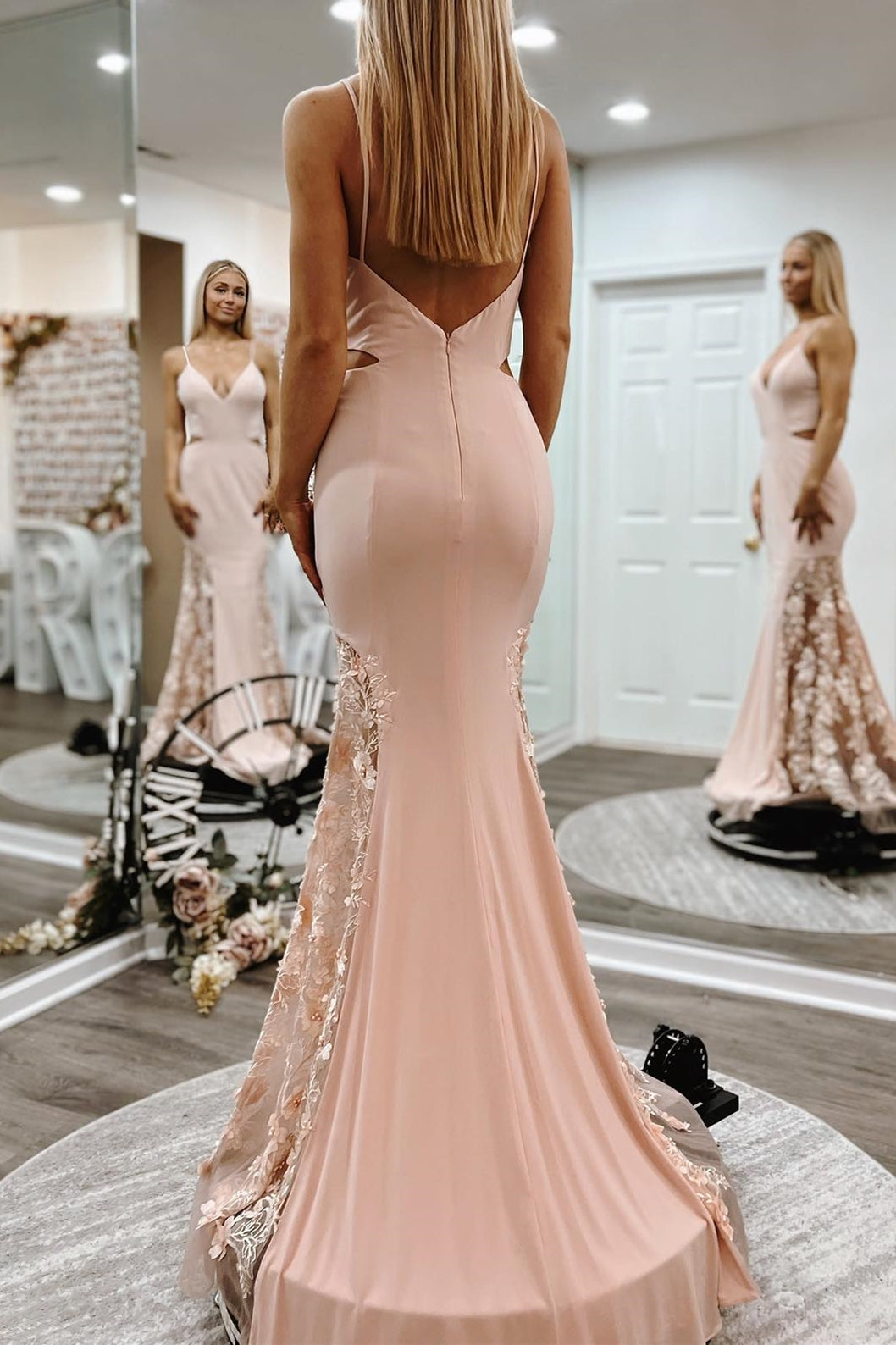 Spaghetti Straps Appliques Mermaid Blush Pink Prom Dress