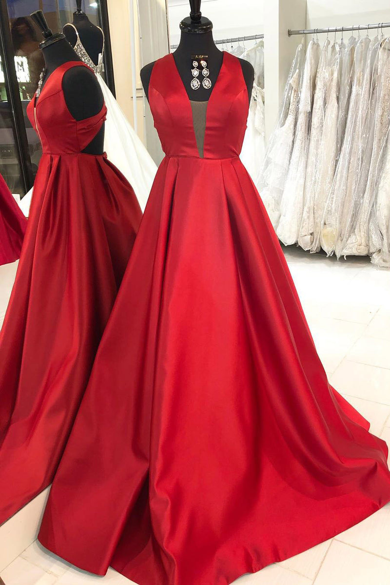 Simple A-Line Satin Red Long Prom Dress