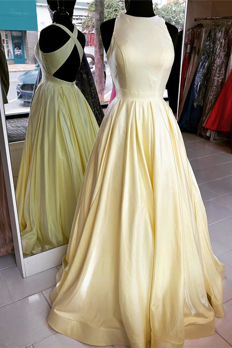 Yellow Cross Back Long Formal Dress with Pockets