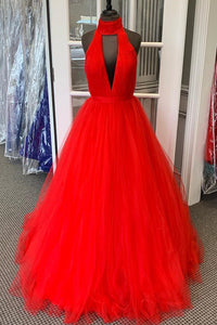 Halter Ruched Long Red Prom Dress with Open Back