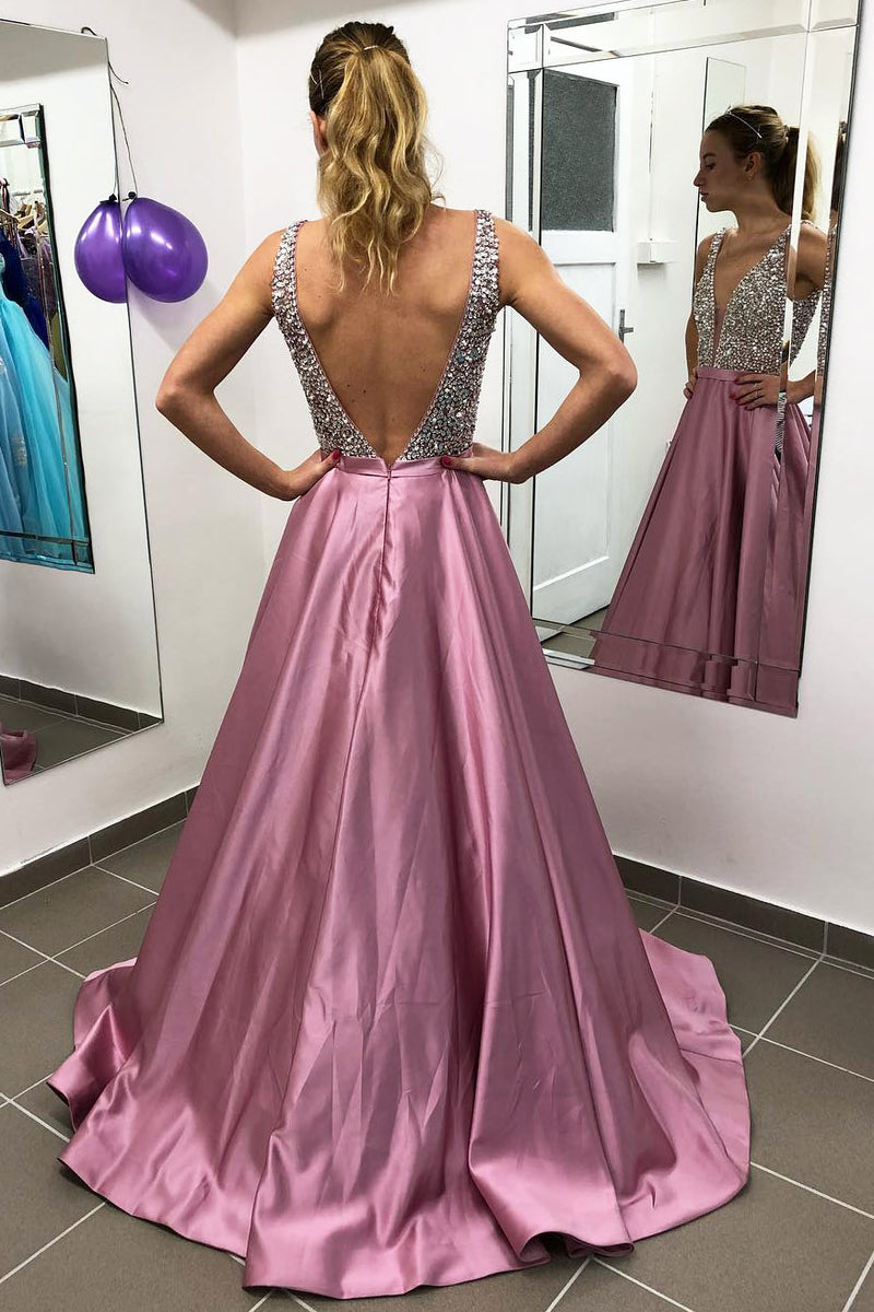 A-Line Beading Pink Long Prom Dress