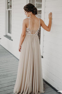 Straps Beaded Long Champagne Prom Dress