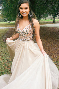Straps Beaded Long Champagne Prom Dress