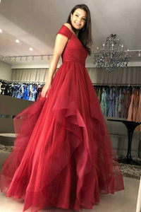 Off the Shoulder Tiered Red Prom Dress with Pleats