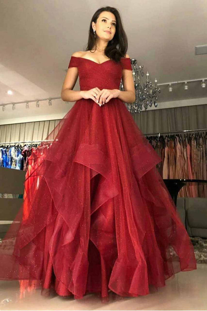Off the Shoulder Tiered Red Prom Dress with Pleats