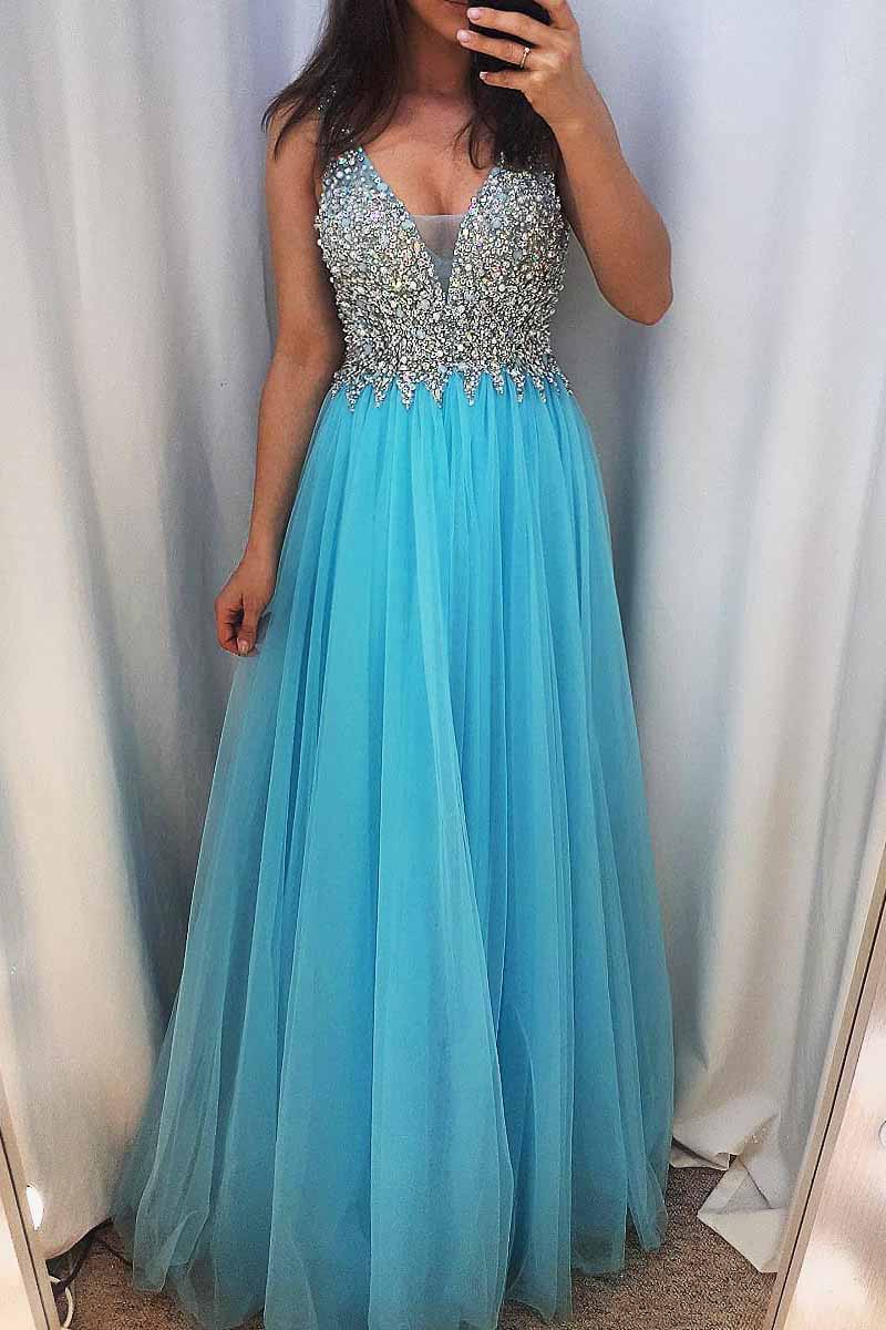Sequined Tulle Blue Prom Dress with Illusion V Inset