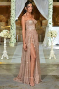 Sparkle Sweetheart Champagne Prom Dress with Side-Slit