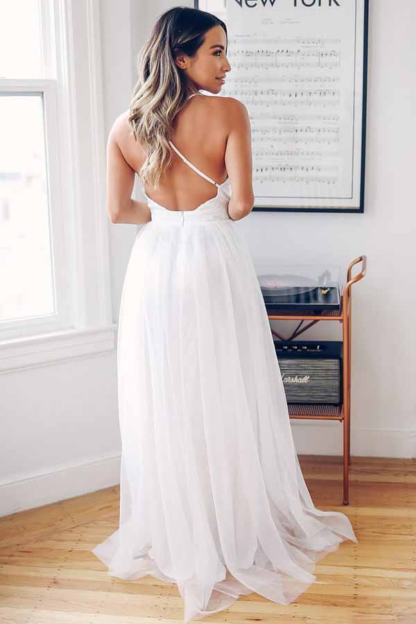 Plunging Neck White Prom Dress with Slit