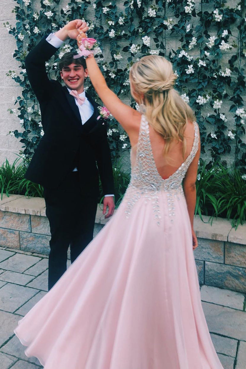 V-Back Beaded Pink Long Prom Dress with Mesh