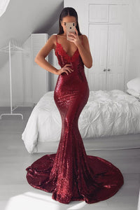 Straps Mermaid Sequins Burgundy Prom Dress
