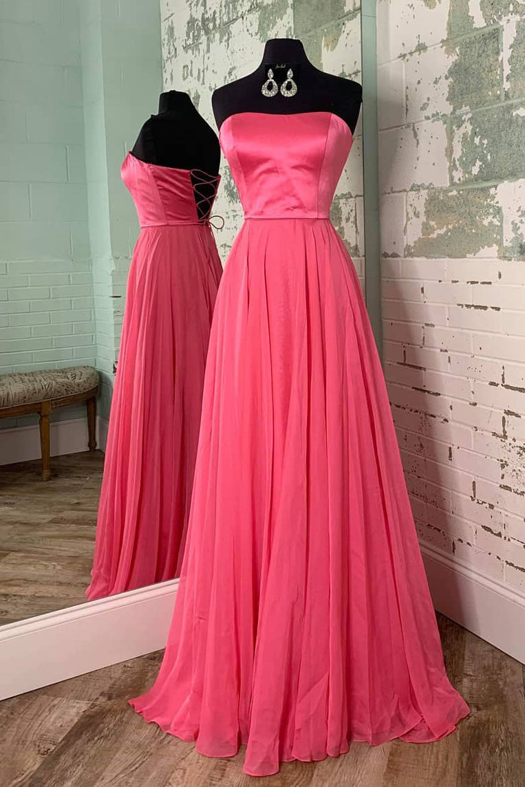 Simple Strapless Lace-Up Watermelon Prom Dress