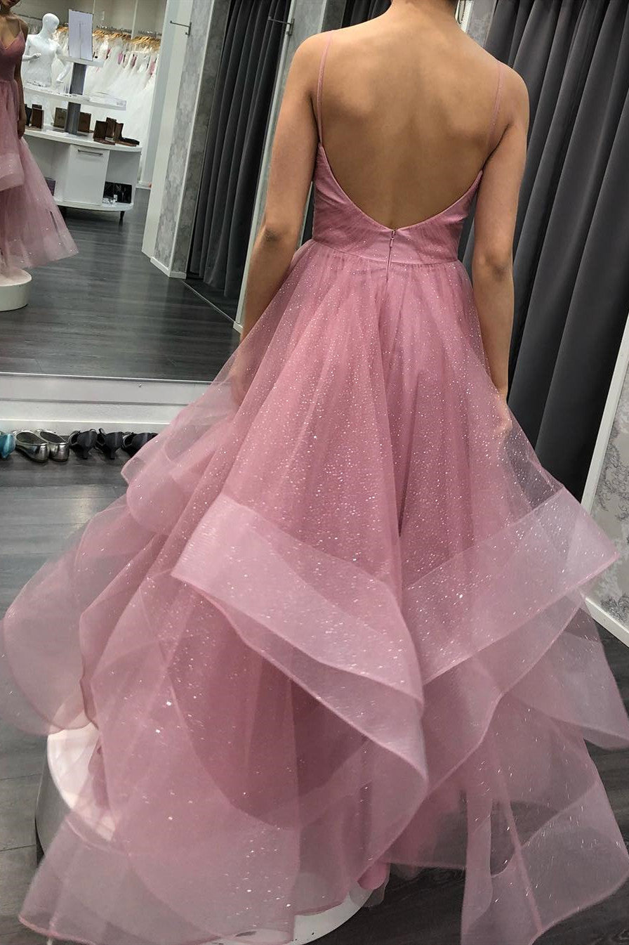 Glitter Straps Ruffled Pink Long Prom Dress