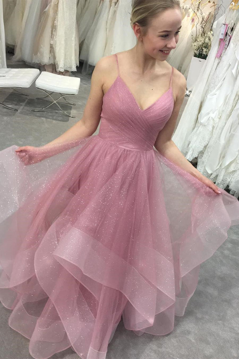 Glitter Straps Ruffled Pink Long Prom Dress