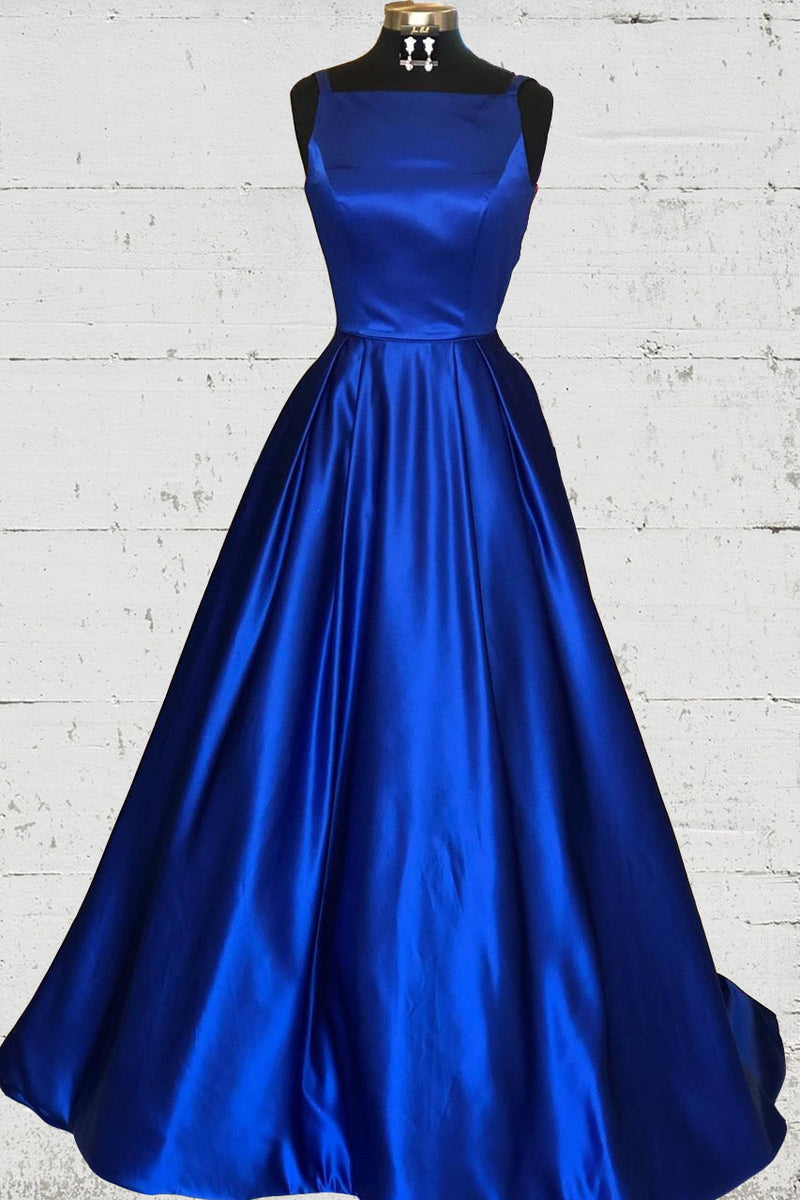 Hollow Out Royal Blue Satin Long Prom Dress