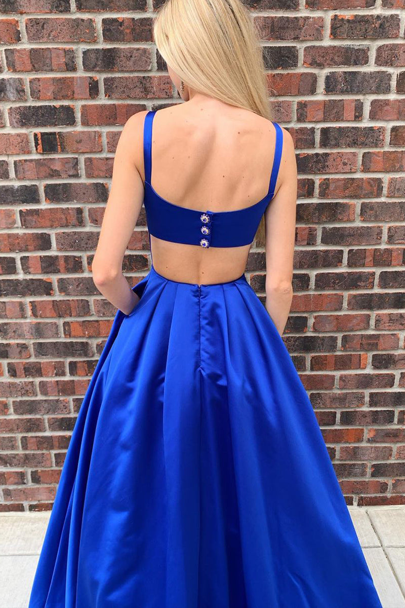 Hollow Out Royal Blue Satin Long Prom Dress