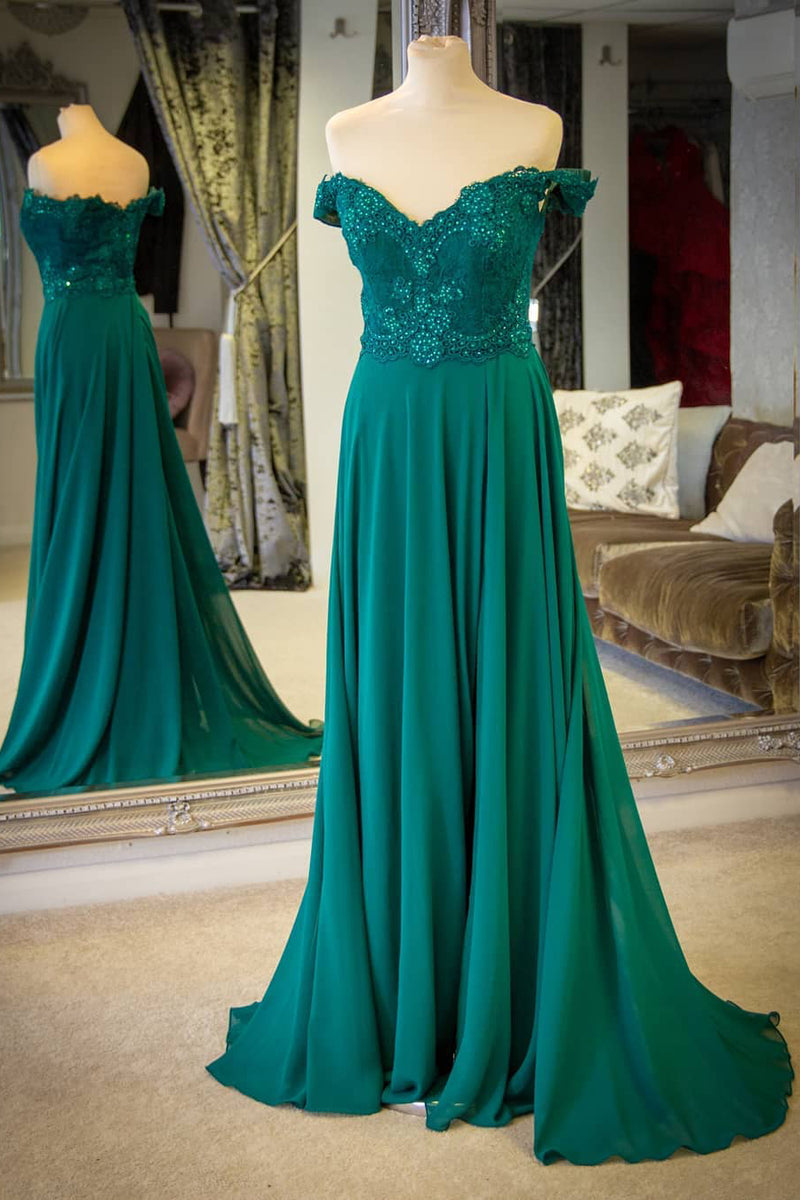 Off the Shoulder A-Line Chiffon Emerald Green Prom Dress